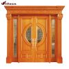 Luxury oak wood carved exterior entrance door with two sidelites