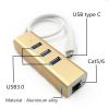 Gold aluminum alloy USB 3.1 RJ45 Cat5/6 type c to 3-port usb 3.0 hub for macbook