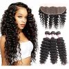 8a Deep Curly Wave 3 Bundles with Lace Frontal Closure 13Ã—4 Ear to Ear Frontal with Bundles Bleached Knots 100% Unprocessed Brazilian Deep Wave Hair with Frontal Free Part Closure