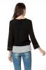 Black Long Sleeve Blouses for Women, Round Neck Cute Tops with Pearls on Cuff and Contrast Stripe on Hem 