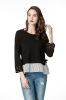 Black Long Sleeve Blouses for Women, Round Neck Cute Tops with Pearls on Cuff and Contrast Stripe on Hem 