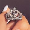 Platinum Plated Zircon Crown Engagement Band Rings Wedding Gift for Women