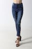 Woman's slim denim jeans with rips and full studs at front