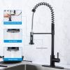 Spring high arc stainless steel kitchen sink faucet with pull down sprayer-matte black
