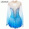 Figure skating dress blue girls long sleeves handmade jeweled ice skating dress