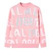 Wholesale Fall Winter wear Pink Knitted pullover Custom letter design Plus size sweater girl crew ne
