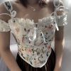 Floral Beach Party Sexy Crop Women Backless Bandage French Vintage Halter Top Korean Fashion Bohol Lace with Corset