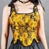 Embroidery Sunflower Oil Painting Style Retro Vintage Lace Up Overbust Corset for Women