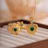 New Arrival Bead Chain Green Cubic Zirconia Paved Texture Heart Pendant Necklace for Women