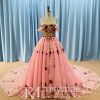 Fashion Off Shoulder Pink Rose Lace Bridal Gown Wedding Dresses