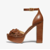 Retro Elegant Brown Genuine Leather With Flower Wooden High Heeled Sandals