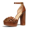 Retro Elegant Brown Genuine Leather With Flower Wooden High Heeled Sandals