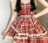 Red plaid slip dress women French sweet pure desire lace lace princess dress waist slimming Puffy dress