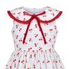 Girls Dress Vintage Velvet Bow Tie Round Collar Cherry Cotton Sleeveless Size 5-10 Years