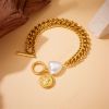 DaDa Fashionable retro simple versatile cold cool pearl heart medal OT buckle chain, stainless steel gold-plated bracelet