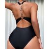 solid swimwear beachwear sexy custom Fashion jewelry trims women's swimsuit for swimming deep V neck 1 piece swimsuit