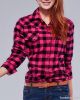 Women Red black Plaid Blouse, Lady Casual Pink shirt