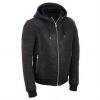 Genuine leather jacket with hood collar made of fleece, slim fit silver zippered. 