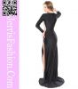 V neck long sleeve black sexy long evening dress with slit