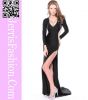 V neck long sleeve black sexy long evening dress with slit