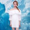 YIGELILA Latest Casual 3/4 Sleeve Off-Shoulder Mini Cute Dress White