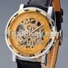 Classic Men's Gold Dial Skeleton Black Leather Mechanical Sport Army Wrist Watch