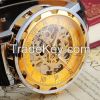 Classic Men's Gold Dial Skeleton Black Leather Mechanical Sport Army Wrist Watch