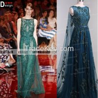 CH1830 Surmount Beautiful Lace Applique Round Neck Real Sample Evening Dress With Train