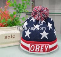 knit USA flag beanie skull ski pom pom hats