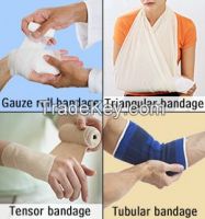 Bandage- Plaster/fibercast/adhesive elastic/orthopedic undercast/cotton gauze/crepe/elasticated crepe/triagular/tubular support/strips &amp;amp; spots/ Surgical wound dressing/cotton ball/gauze roll/cotton rol/shoulder immobilizer/pouch arm sling/ cuf