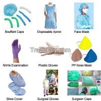 MEDICALDISPOSABLE SUPPLIES.Bouffant Cap/Disposable Apron/Face mask/Plastic gloves/Elastic gloves/Nose Mask/Beard Mask/Shoe cover/Surgical gloves &amp; Cap