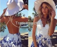 Women Fashion Clothing Summer Vestidos White Blue Sexy Halter Lace Floral Pattern Print Backless Beach Mini Dress Jumpsuit