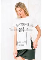 Hot 2016 Women Cotton White T Shirt With Side Slit Custom Digital Printed Clothes