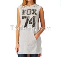 latest ladies grey cotton pullover sleeveless printing hoodie dress made in China