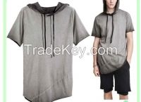 OEM Men's Casual Short Sleeve Thin Hoodie with irregular bottom hem with strap on hood hoodie for man with good quality