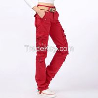 solid red color pure cotton women cargo pants with side pockets