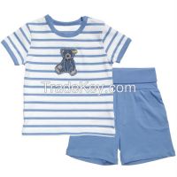 whoesale 100% cotton baby set striped print t shirt and blue short sets manufacture in china