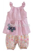 summer soft baby girl polka dot ruffle set with pink top and all over printed bubble shorts