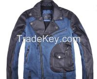 2016 lastest fashion mens denim inserted half leather jacket