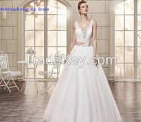 A-Line Sexy V-Neck Crystal Backless Garden Tulle Wedding Dresses