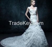 Luxury Mermaid Vintage Tulle Wedding Dresses Appliques Bridal Gowns V Neck Cheap Lace Up Back