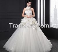 Halter Tulle Pleats Long Backless Flower Wedding Dress 2016