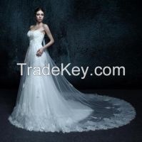 A Line Strapless Lace Bridal Gown Chapel Train Crystal Sash Wedding Dress