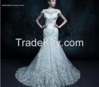 Mermaid High Neck Backless Beaded Floor length Lace Wedding Dress