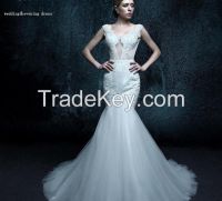 Mermaid V Neck Appliques Lace Beading Sheer Bridal Gowns Cheap Sexy Tulle Wedding Dresses