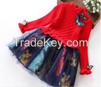 2016 spring winter girls butterfly embroidery yarn knitted sweater dress