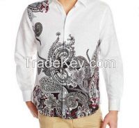 Men's 100% cotton ornate paisley print and embroiderded shirt, bright white shirt