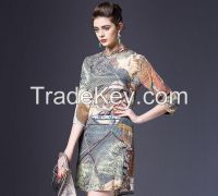 2016 latest fashion China Art  printed designs women short casual dress with Silk fabric for wholesale