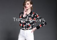 100% Polyester Ladies chiffon ladies new design women long loose shirts with Flower printed for wholesale