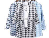 2016 Hot Sales woman shirt with checked design loose fit long ladies shirt for wholesale